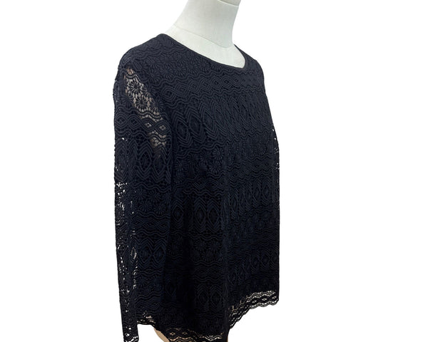 Talbots Petite Black Lace 3/4 Sleeve Top Lined Keyhole Back Womens Size LP