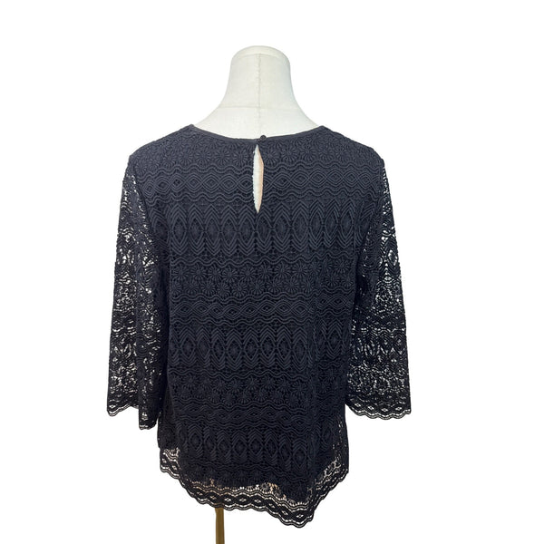 Talbots Petite Black Lace 3/4 Sleeve Top Lined Keyhole Back Womens Size LP