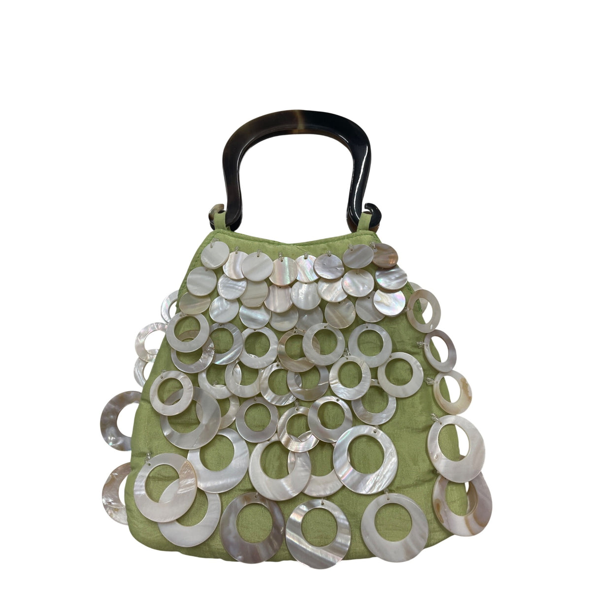 Handcrafted Mother Of Pearl Handle Bag With Green Satin Base