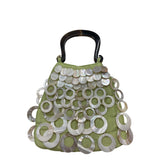 Handcrafted Mother Of Pearl Handle Bag With Green Satin Base