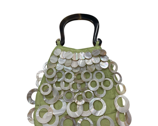 Handcrafted Mother Of Pearl Handle Bag With Green Satin Base