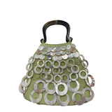Handcrafted Mother Of Pearl Handle Bag With Green Satin Base