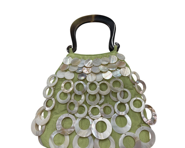 Handcrafted Mother Of Pearl Handle Bag With Green Satin Base