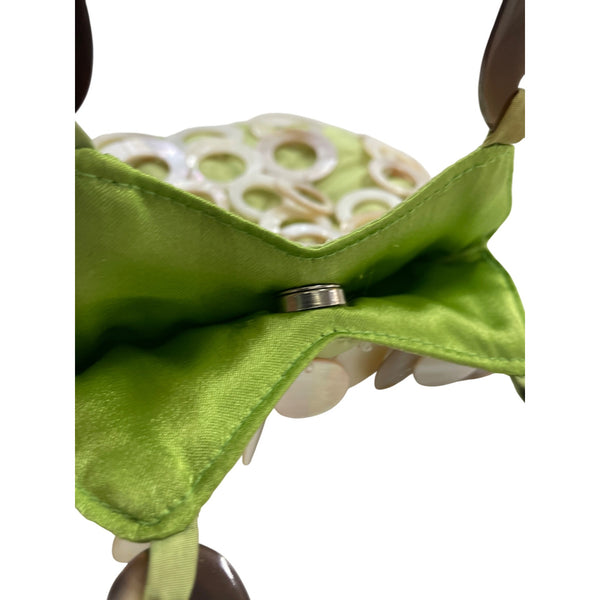Handcrafted Mother Of Pearl Handle Bag With Green Satin Base