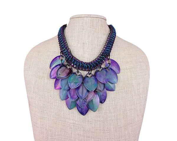 Handcrafted Chainmail & Resin Leaf Statement Necklace Purple/Green Design