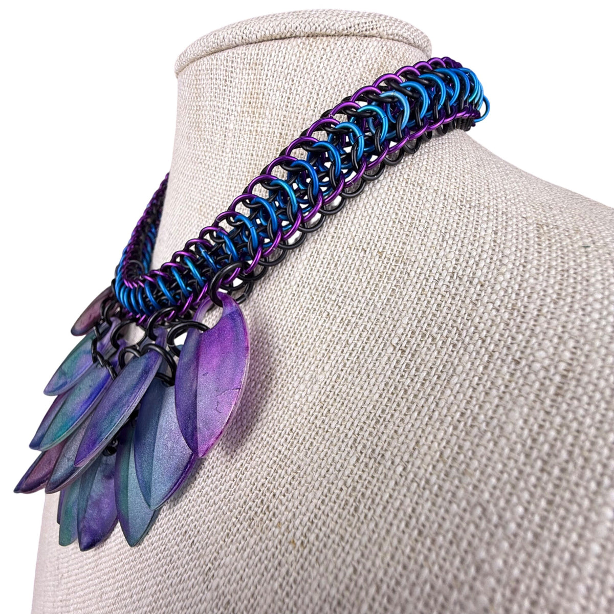 Handcrafted Chainmail & Resin Leaf Statement Necklace Purple/Green Design