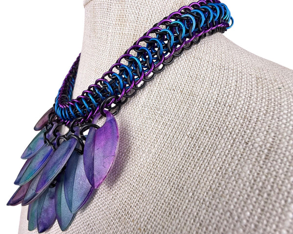 Handcrafted Chainmail & Resin Leaf Statement Necklace Purple/Green Design