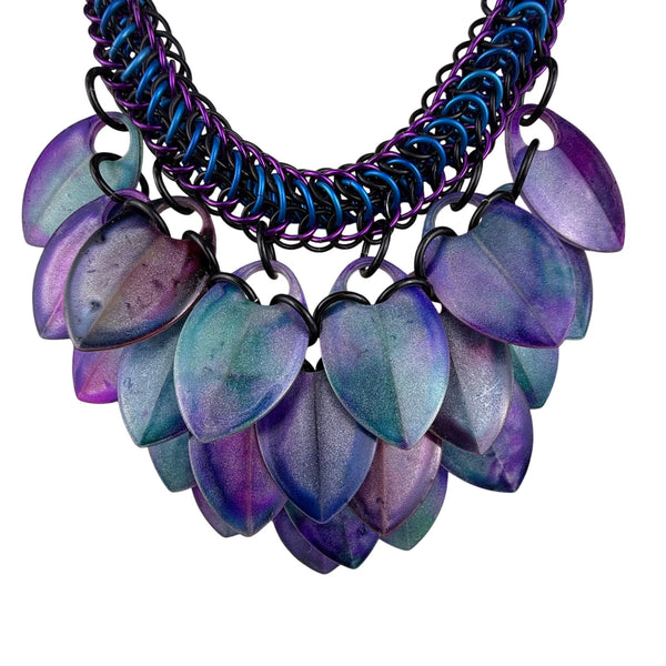 Handcrafted Chainmail & Resin Leaf Statement Necklace Purple/Green Design