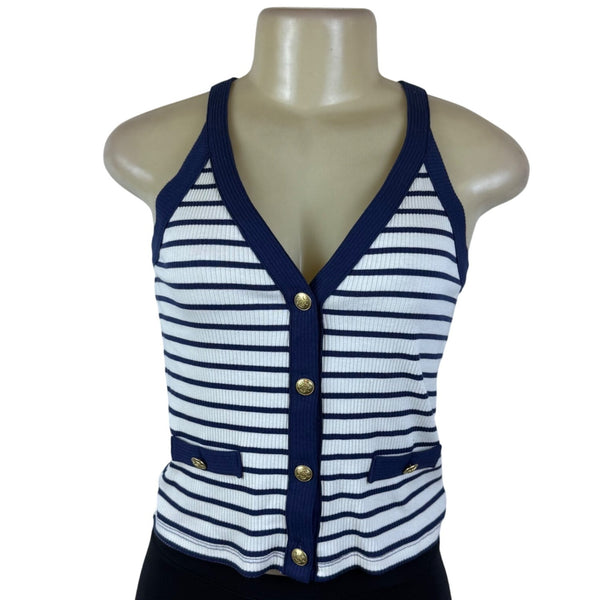 J.Crew Womens Navy/White Striped Ribbed Tank Top Gold Button Details Size S