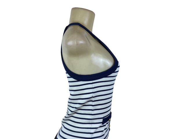 J.Crew Womens Navy/White Striped Ribbed Tank Top Gold Button Details Size S