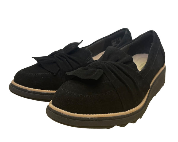 Clarks Womens Black Suede Slip-On Loafers  Bow Accent Size 8.5 W