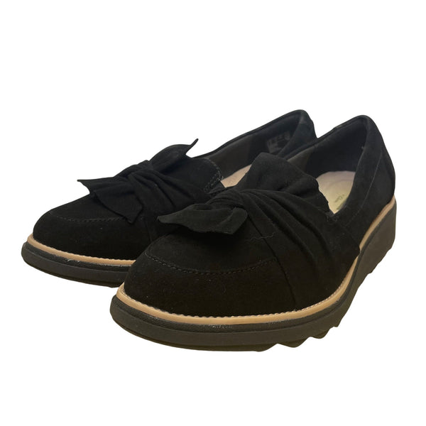 Clarks Womens Black Suede Slip-On Loafers  Bow Accent Size 8.5 W