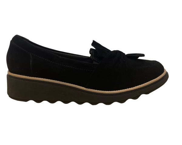 Clarks Womens Black Suede Slip-On Loafers  Bow Accent Size 8.5 W
