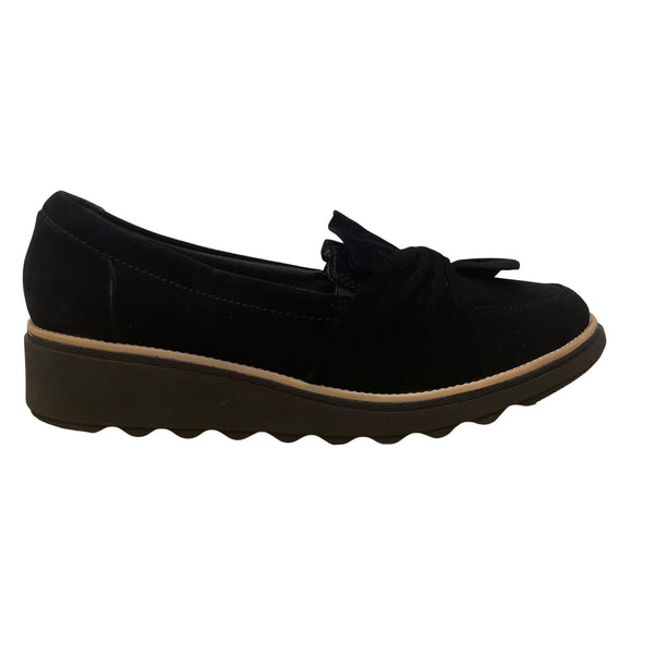 Clarks Womens Black Suede Slip-On Loafers  Bow Accent Size 8.5 W