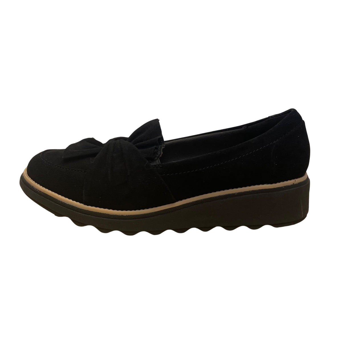 Clarks Womens Black Suede Slip-On Loafers  Bow Accent Size 8.5 W