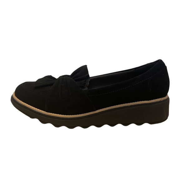 Clarks Womens Black Suede Slip-On Loafers  Bow Accent Size 8.5 W