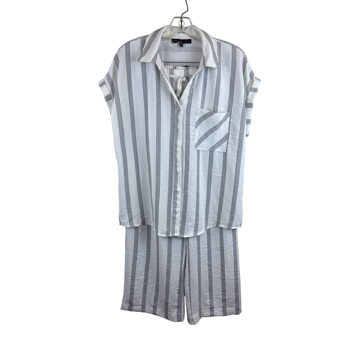Adrienne Vittadini Womens White/Black Striped Button-Down Shirt & Elastic Waist Shorts Set L