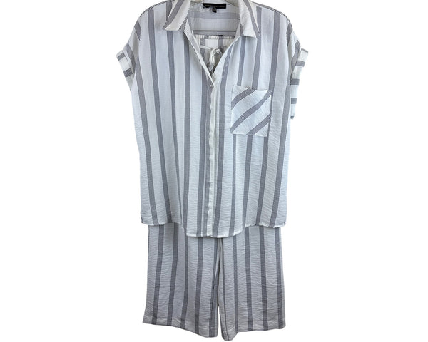 Adrienne Vittadini Womens White/Black Striped Button-Down Shirt & Elastic Waist Shorts Set L