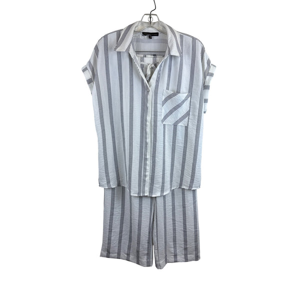 Adrienne Vittadini Womens White/Black Striped Button-Down Shirt & Elastic Waist Shorts Set L
