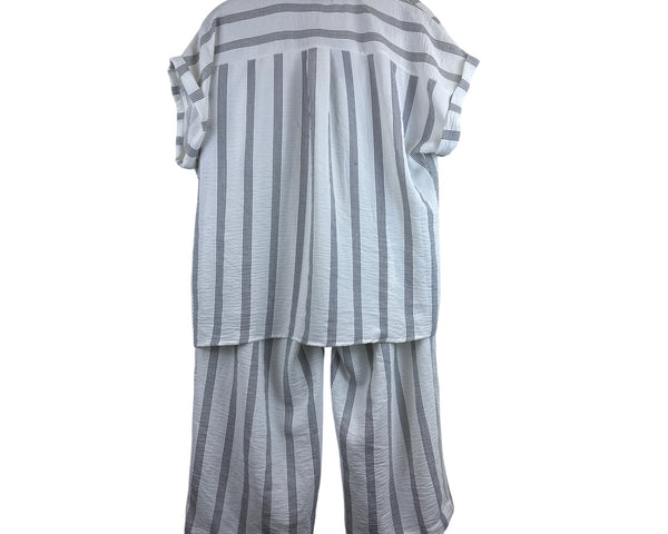 Adrienne Vittadini Womens White/Black Striped Button-Down Shirt & Elastic Waist Shorts Set L
