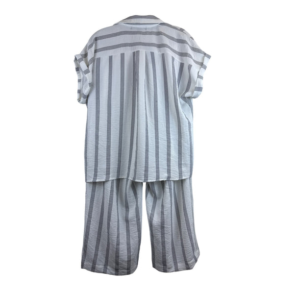 Adrienne Vittadini Womens White/Black Striped Button-Down Shirt & Elastic Waist Shorts Set L