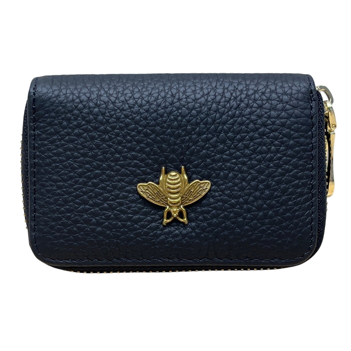 I Meetu Women’s Black Embossed Leather Gold Bee Accent & Zip Closure Wallet