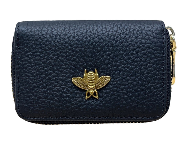 I Meetu Women’s Black Embossed Leather Gold Bee Accent & Zip Closure Wallet