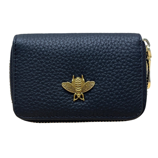 I Meetu Women’s Black Embossed Leather Gold Bee Accent & Zip Closure Wallet