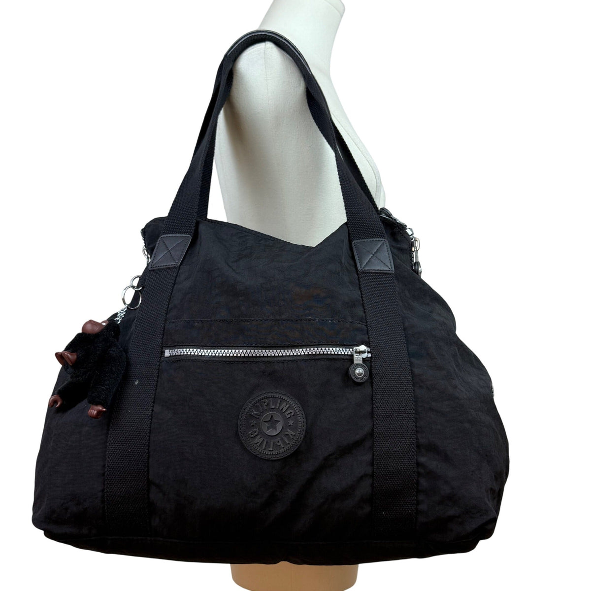 Kipling Womens Black Nylon With Zipper Closure & Monkey Keychain Tote Bag