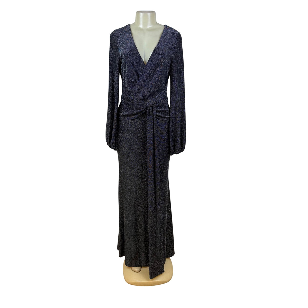 Betsy Adam Black Sparkly Full-Length Long Sleeve Wrap Evening Gown Dress Size 10