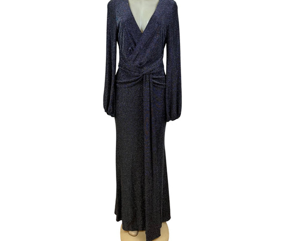 Betsy Adam Black Sparkly Full-Length Long Sleeve Wrap Evening Gown Dress Size 10