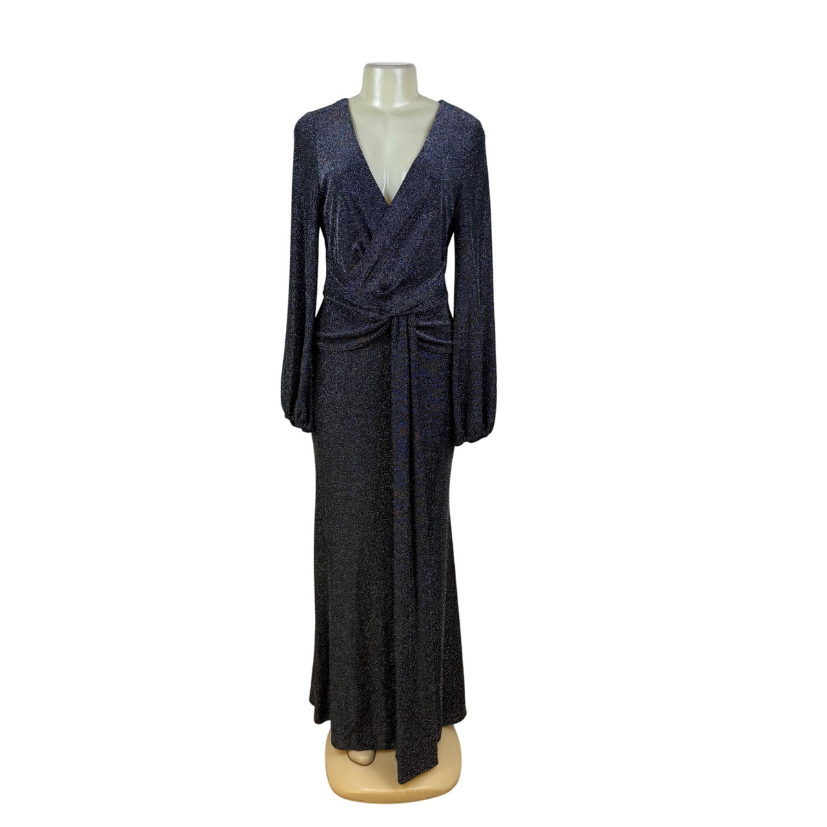 Betsy Adam Black Sparkly Full-Length Long Sleeve Wrap Evening Gown Dress Size 10