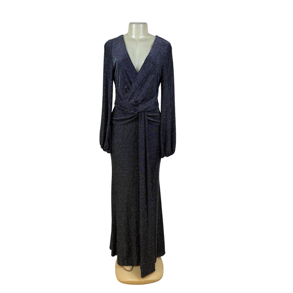 Betsy Adam Black Sparkly Full-Length Long Sleeve Wrap Evening Gown Dress Size 10