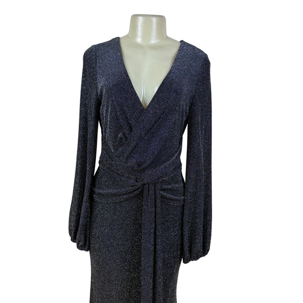 Betsy Adam Black Sparkly Full-Length Long Sleeve Wrap Evening Gown Dress Size 10