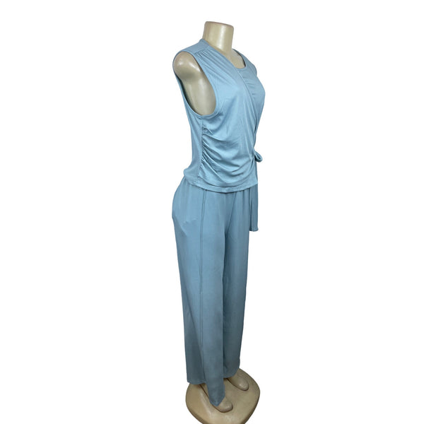 Yozy Light Blue Sleeveless Casual Set with Tie Waist Wide and Leg Sz XXL - New