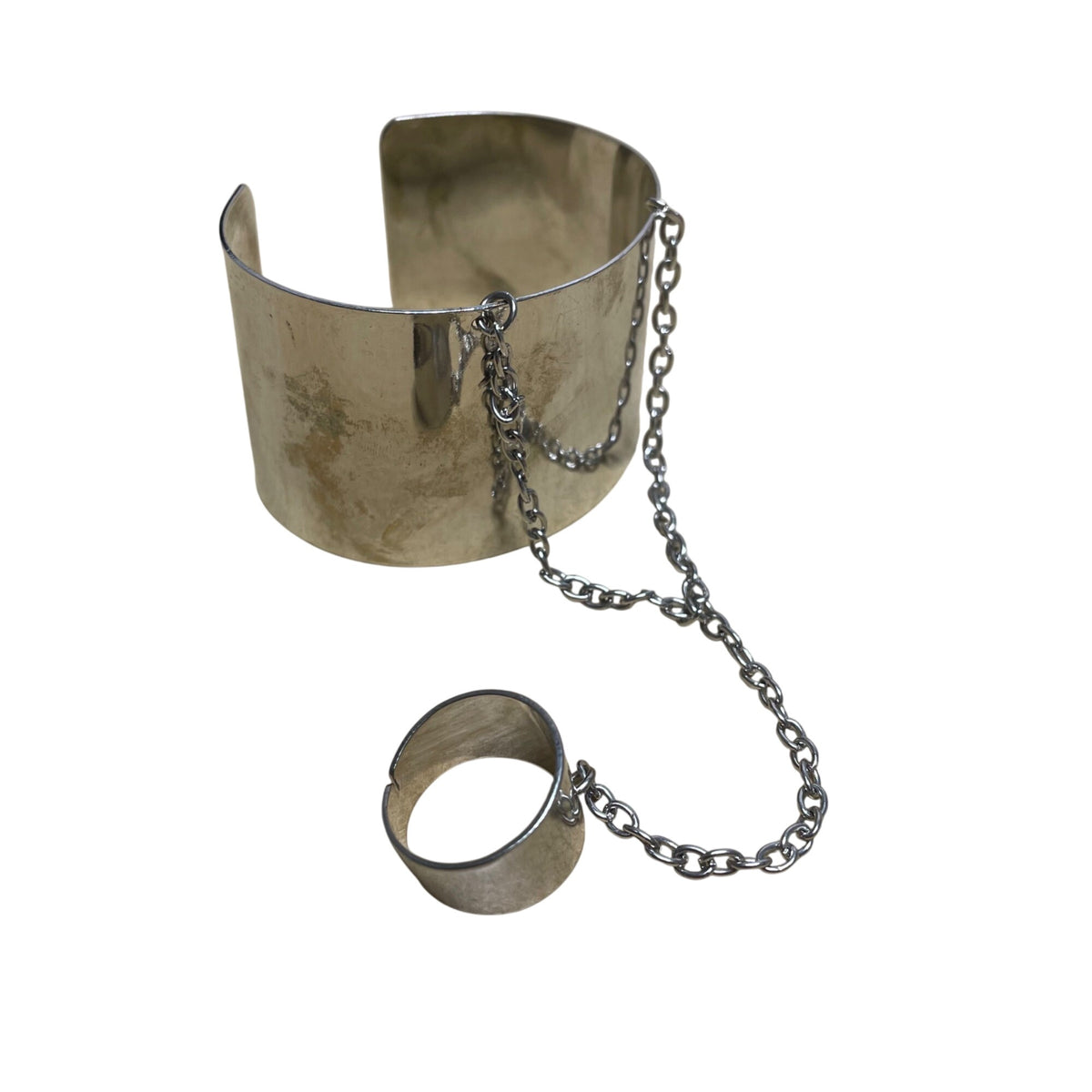 Silver-Tone Adjustable Womens Cuff Bracelet Hand Chain Ring Combo Minimalistic Design