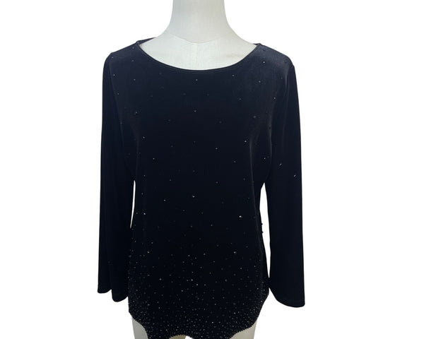 Chicos Travelers Black Velvet Beaded Long Sleeve Top Size 1 (8/10)