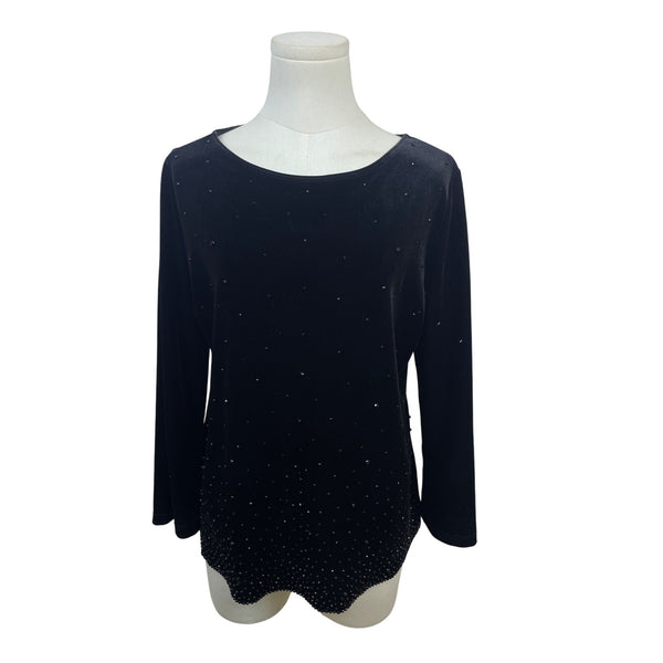 Chicos Travelers Black Velvet Beaded Long Sleeve Top Size 1 (8/10)