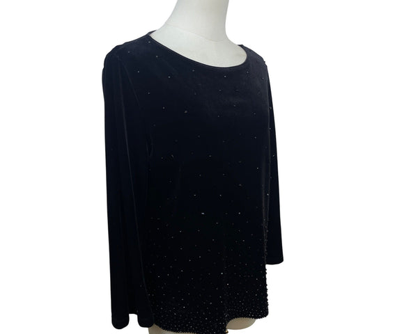 Chicos Travelers Black Velvet Beaded Long Sleeve Top Size 1 (8/10)