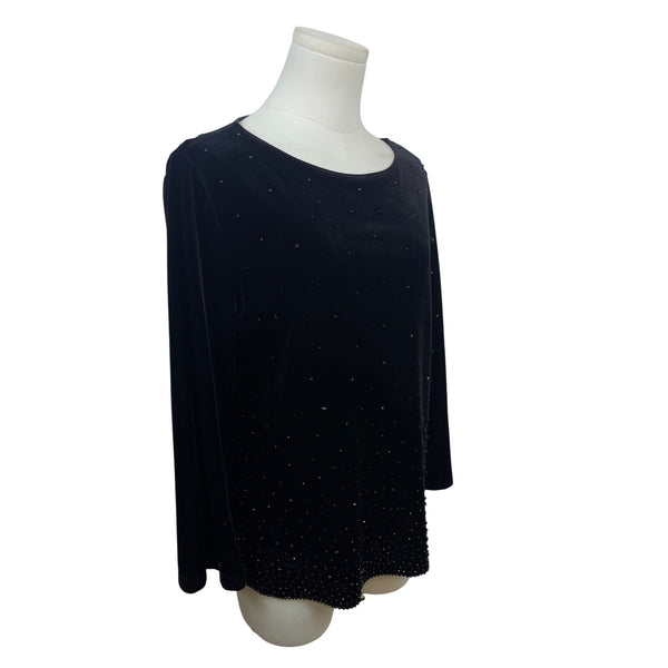 Chicos Travelers Black Velvet Beaded Long Sleeve Top Size 1 (8/10)