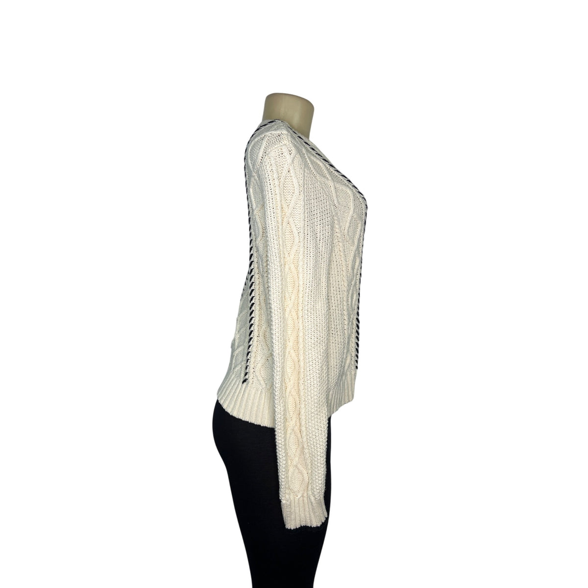 La Ligne Womens Ivory Cable Knit Sweater Crewneck Ribbed Hem Black Trim Sz XS