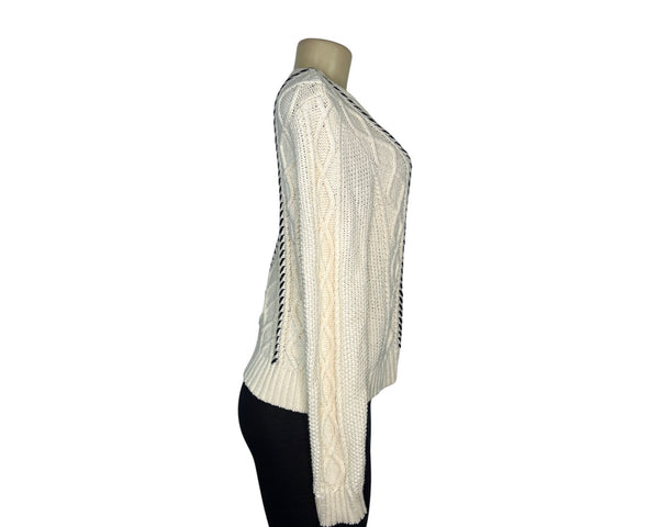 La Ligne Womens Ivory Cable Knit Sweater Crewneck Ribbed Hem Black Trim Sz XS