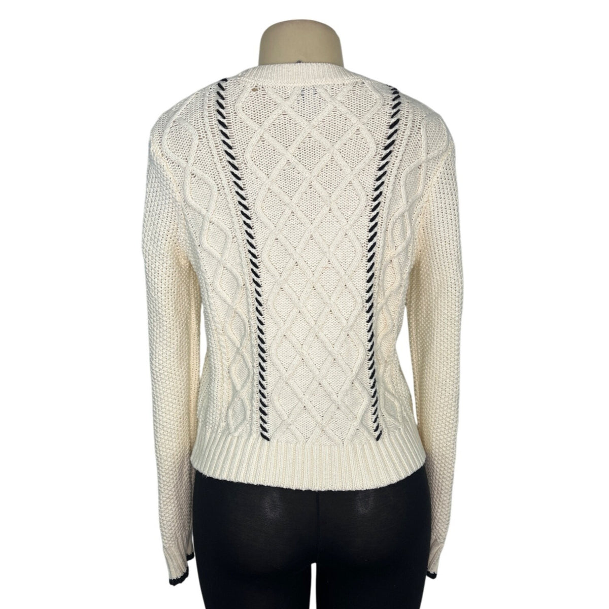 La Ligne Womens Ivory Cable Knit Sweater Crewneck Ribbed Hem Black Trim Sz XS