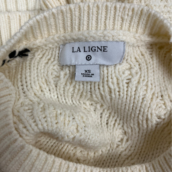 La Ligne Womens Ivory Cable Knit Sweater Crewneck Ribbed Hem Black Trim Sz XS