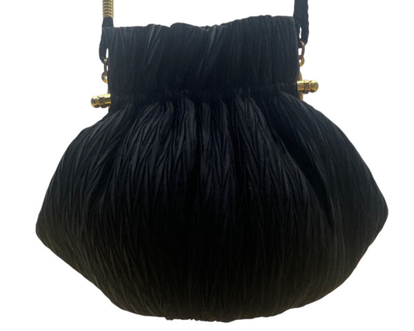 Whiting & Davis Women’s Black Pleated Fabric Gold-Tone Frame Small Crossbody Bag