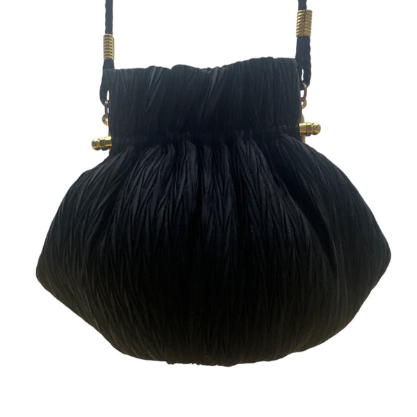 Whiting & Davis Women’s Black Pleated Fabric Gold-Tone Frame Small Crossbody Bag