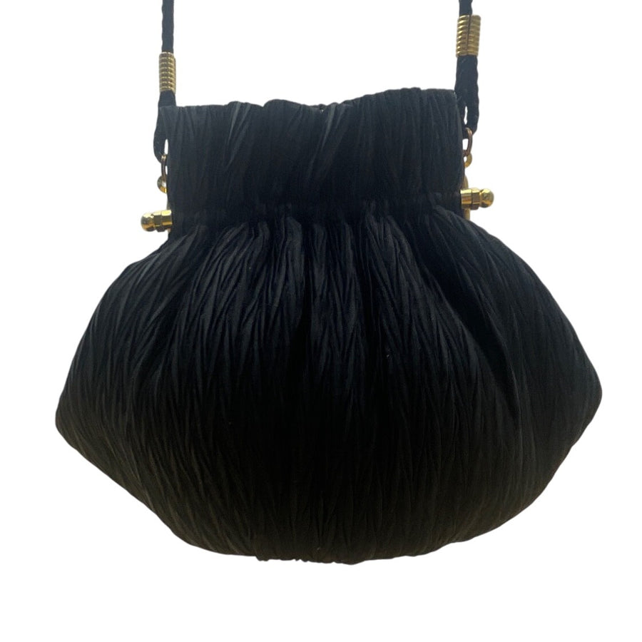 Whiting & Davis Women’s Black Pleated Fabric Gold-Tone Frame Small Crossbody Bag
