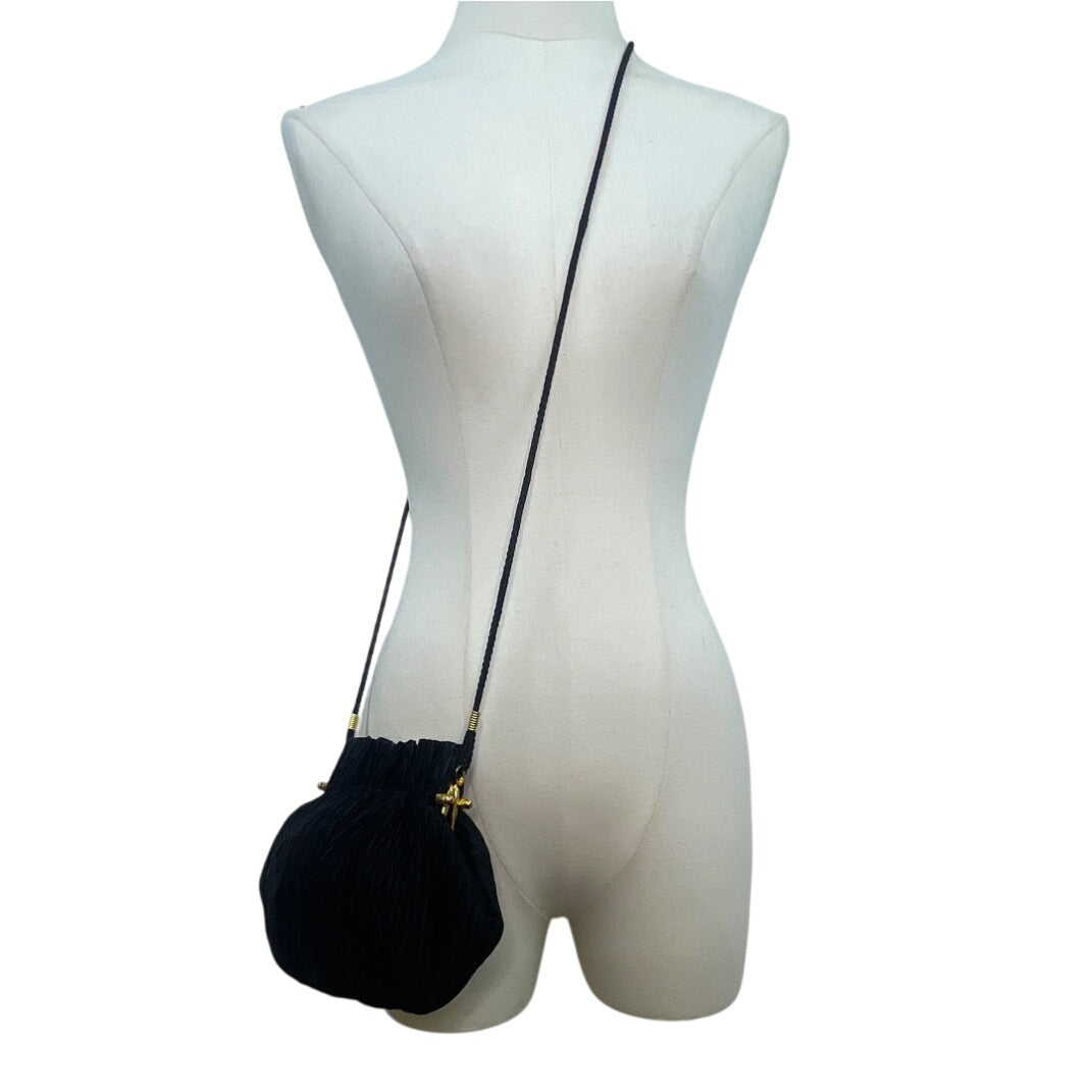 Whiting & Davis Women’s Black Pleated Fabric Gold-Tone Frame Small Crossbody Bag