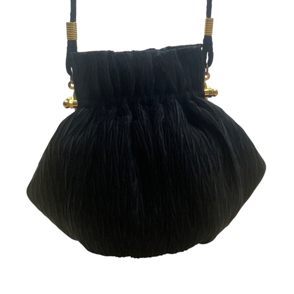 Whiting & Davis Women’s Black Pleated Fabric Gold-Tone Frame Small Crossbody Bag