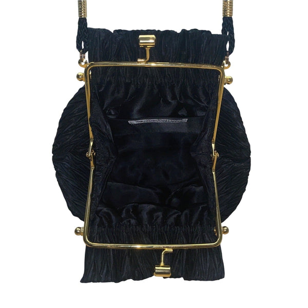Whiting & Davis Women’s Black Pleated Fabric Gold-Tone Frame Small Crossbody Bag